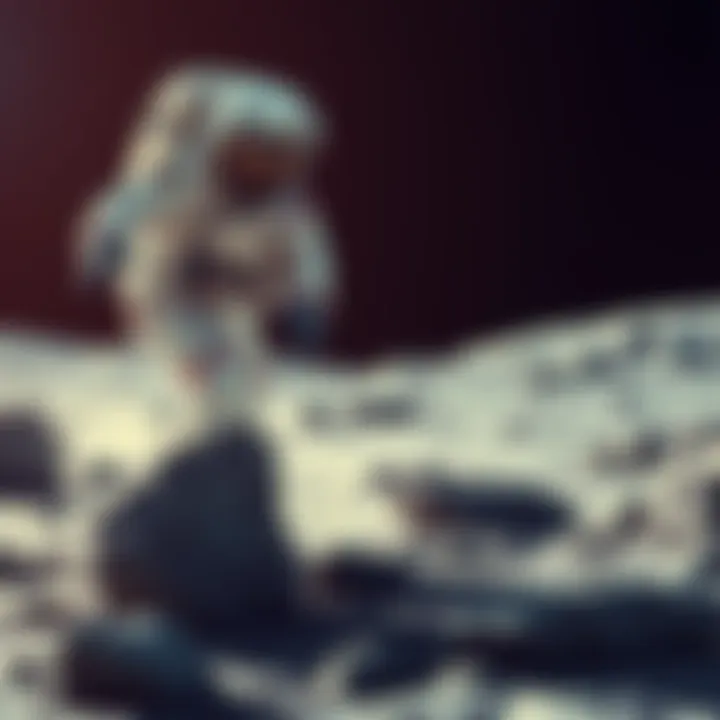 An astronaut examines lunar rocks on the moon's surface, symbolizing exploration and discovery in space.