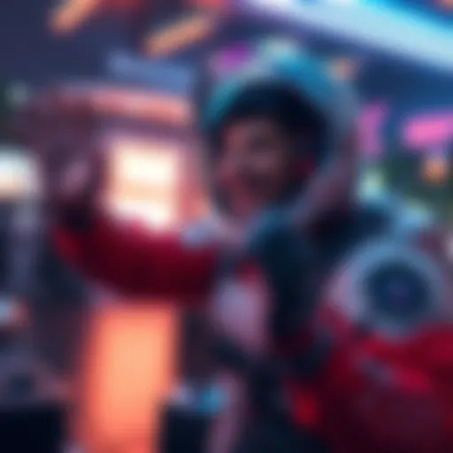 A gamer excitedly shows off their upgraded astronaut character with a new look in a video game setting, featuring bright colors and futuristic design elements.