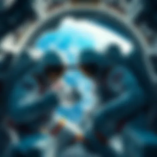 Two astronauts in modern space suits conducting experiments aboard a spacecraft, with Earth visible in the background.