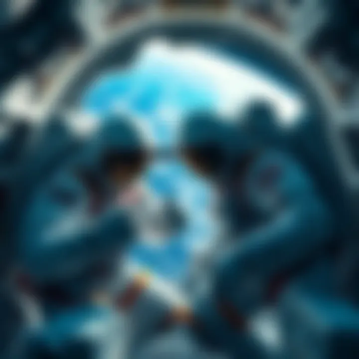 Two astronauts in modern space suits conducting experiments aboard a spacecraft, with Earth visible in the background.