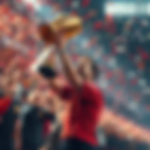 A famous athlete holds a championship trophy high in the air, surrounded by cheering fans and confetti, symbolizing their achievements in sports.