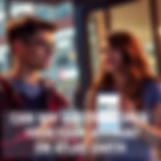 A young man and woman talking about opening accounts on the Atlas Earth app, with a smartphone showing the app interface