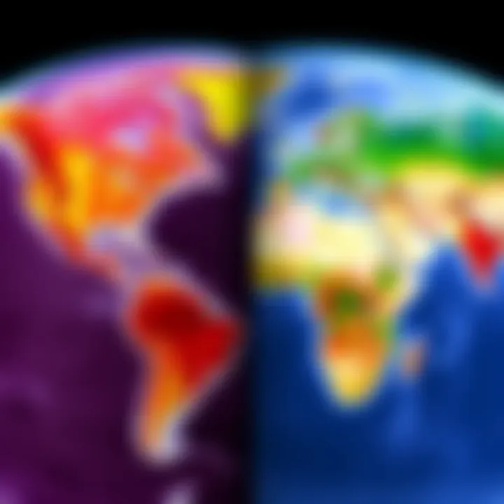 Comparison of Atlas Earth map styles A side-by-side view of the old and new Atlas Earth map designs, highlighting the differences in detail and style, with vibrant colors on the old map and a cleaner look on the new one.