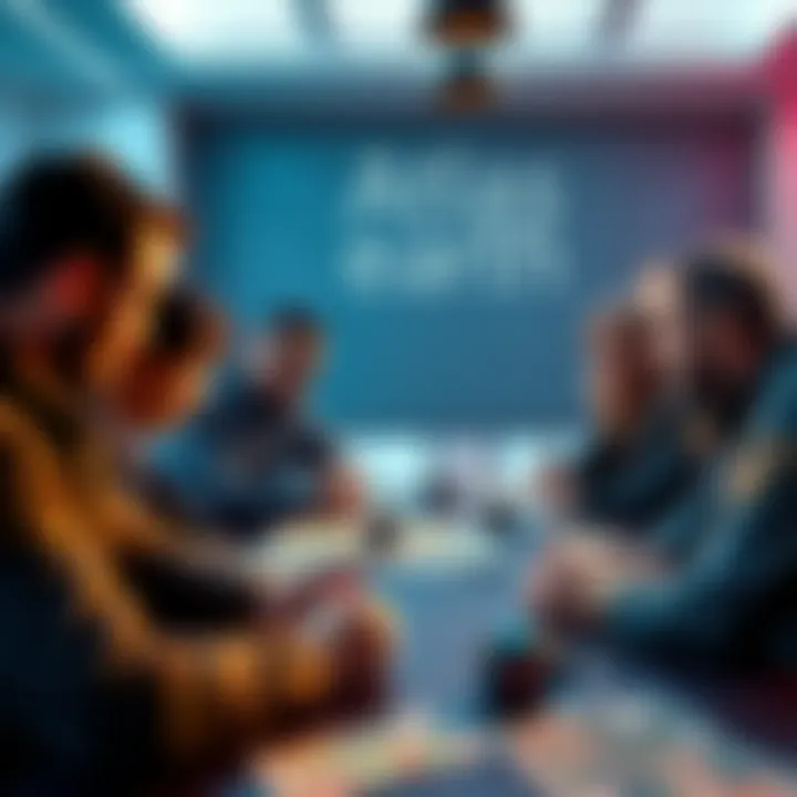 A group of players discussing strategies for Atlas Earth, with maps and badges on the table.