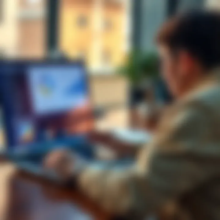 A person providing feedback on a survey using a laptop, with charts and graphs on the screen, showcasing enhancements in survey quality.