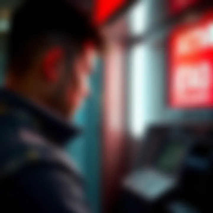 ATM withdrawal failure Person looking upset at an ATM that displays an error message after attempting to withdraw cash