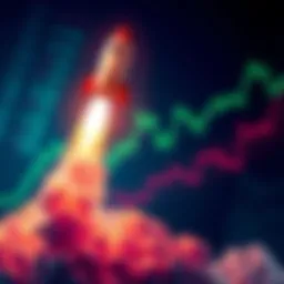 A graphic showing a rocket launching upwards, symbolizing the Atom project's potential resurgence in the market with a backdrop of financial growth charts.