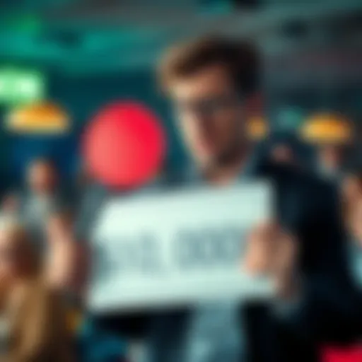 A worried person holding a bidding paddle with a $10,000 sign, looking distressed about an accidental overbid at an auction