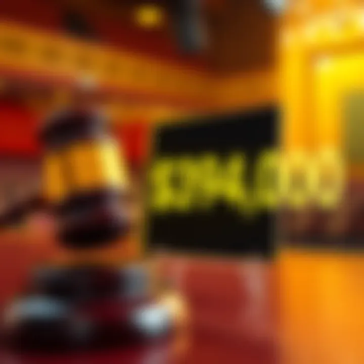 A close-up of an auction gavel beside a sign indicating a final bid of $394,000, highlighting excitement in the auction room.