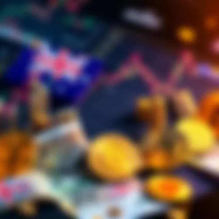 Illustration showing various Bitcoin symbols and investment charts with Australian currency notes