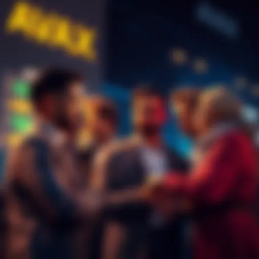 A group of investors discussing strategies around AVAX, looking optimistic about future gains and holding onto their investments.
