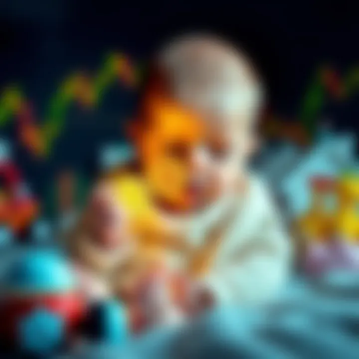 A newborn baby holding a small Bitcoin symbol surrounded by financial charts and baby toys