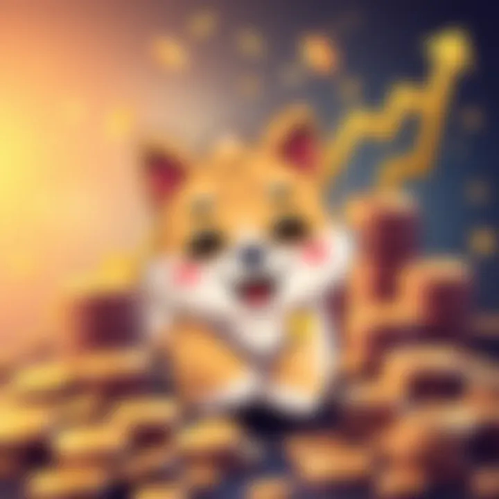 A cute cartoon dog with a big smile, representing Baby Doge cryptocurrency, surrounded by coins and a graph showing upward growth, symbolizing its success in the market.