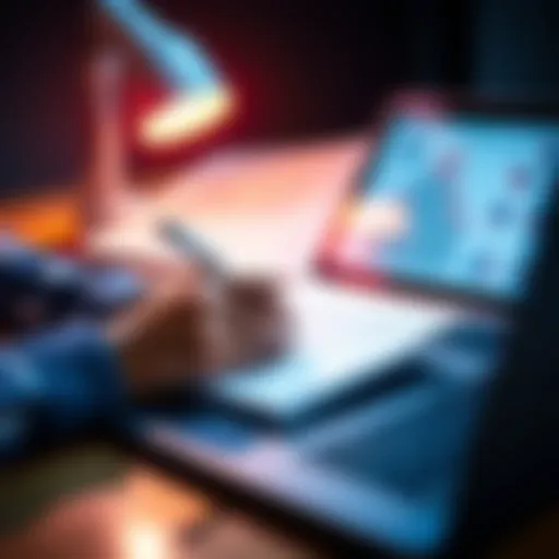 A person writing a backup plan on a notepad with a laptop and charts in the background