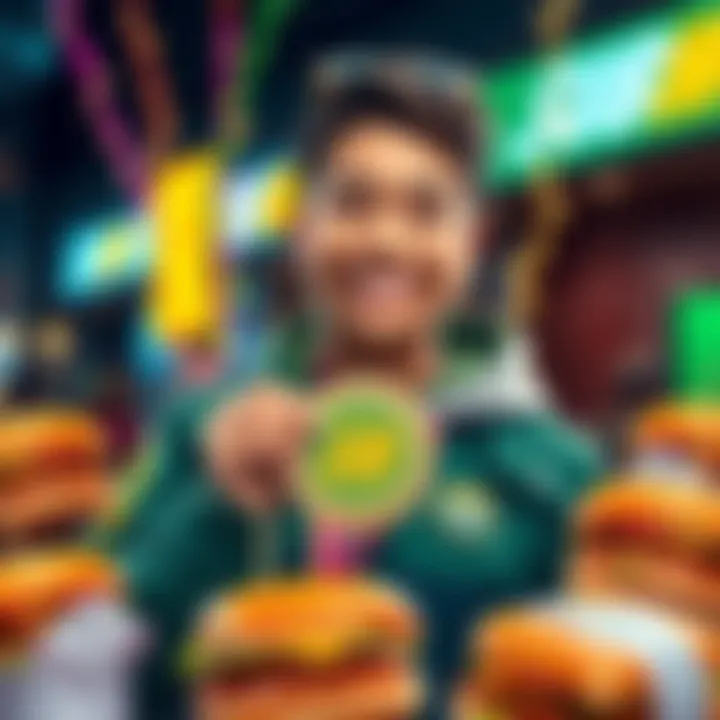 A person holding a badge with a big smile, surrounded by Subway sandwiches.