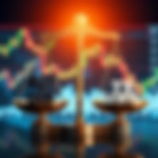 A graphic showing a scale balancing the words 'Buy the Dip' and 'Buy the Hype' with market charts in the background