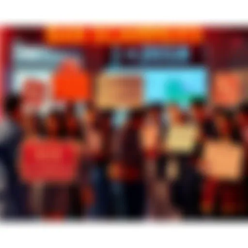 A group of people discussing the impact of scammers on society, holding signs for banning scams and promoting safety online.