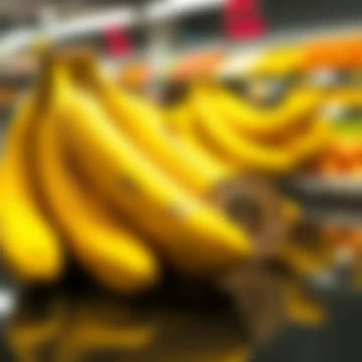A bunch of ripe bananas next to a Bitcoin symbol on a grocery counter