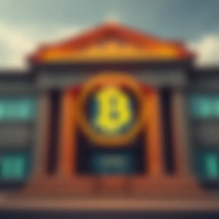 A modern bank building with a large Bitcoin symbol displayed prominently outside, representing the concept of Bitcoin accounts at traditional banks.