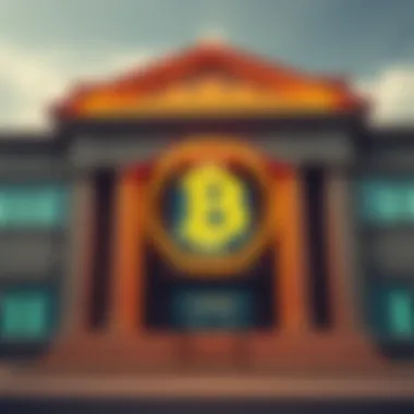 Bank Building with Bitcoin Symbol A modern bank building with a large Bitcoin symbol displayed prominently outside, representing the concept of Bitcoin accounts at traditional banks.