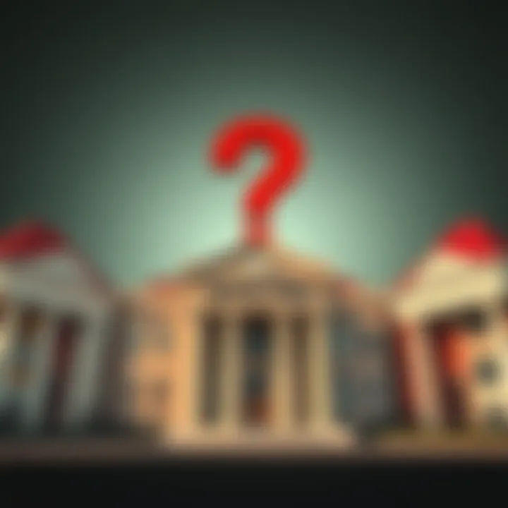 Bank buildings with a question mark A set of traditional bank buildings with a prominent question mark above them, representing public skepticism about their trustworthiness.