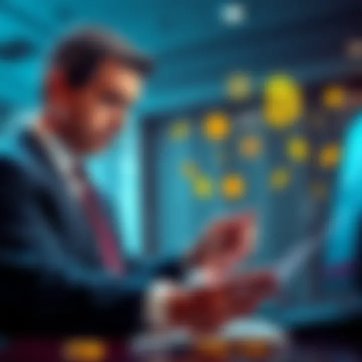 A worried bank manager reviewing documents with cryptocurrency symbols around