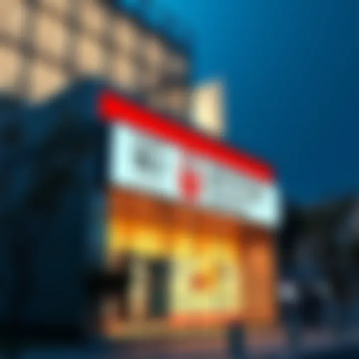 A close-up view of the bank's update banner still visible at 4PM, highlighting its design and information, set against the bank's exterior