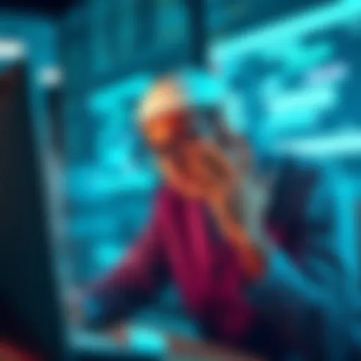 Concerned banker reviewing chatbot data A worried banker looking at a computer screen displaying chatbot conversations, illustrating the dangers of AI in finance