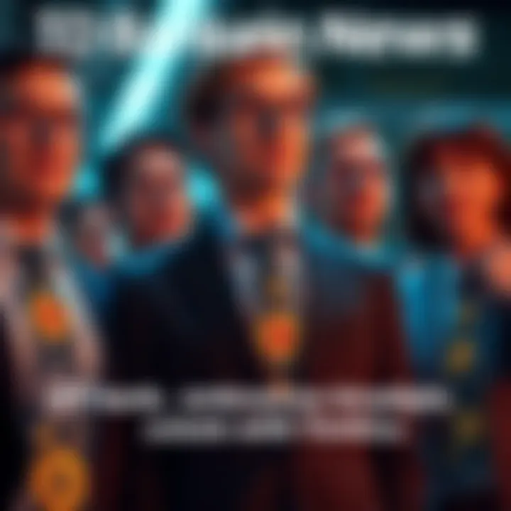 A group of bankers wearing stylish ties featuring Bitcoin designs, blending finance with crypto culture.