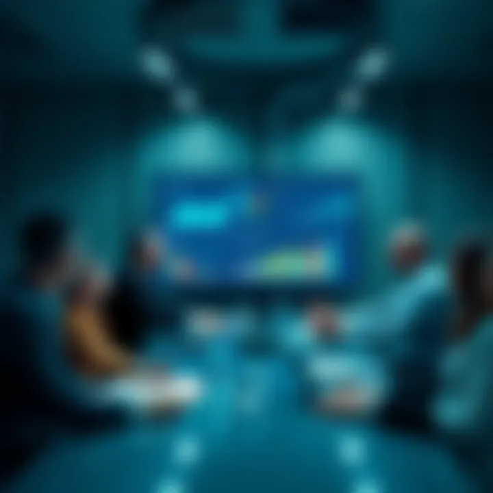 A group of bankers at a conference table examining blockchain technology graphics on a screen, showing charts and data trends