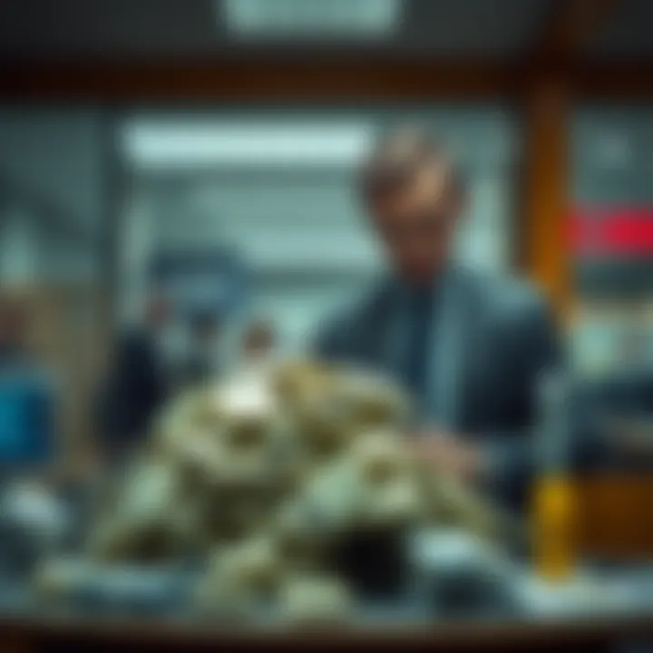 A worried bank manager looking at a cash withdrawal request pile on his desk, symbolizing the financial struggles of banks.