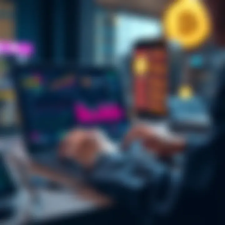 A person analyzing banking options for crypto mining on a laptop, with graphs and bank logos displayed