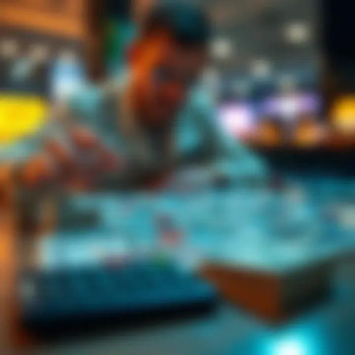 Banking and Board Games A person examines a board game with banking elements, reflecting on real-world monetary policies and limits, with stacks of play money and a calculator on the table.