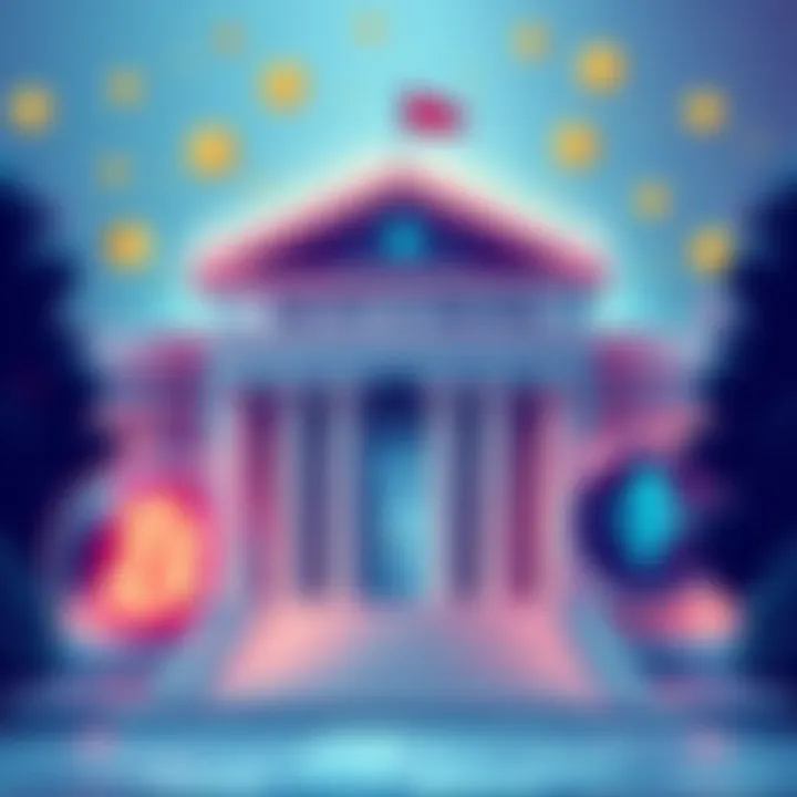 An illustration showing a bank building merging with cryptocurrency symbols, symbolizing the future of finance.