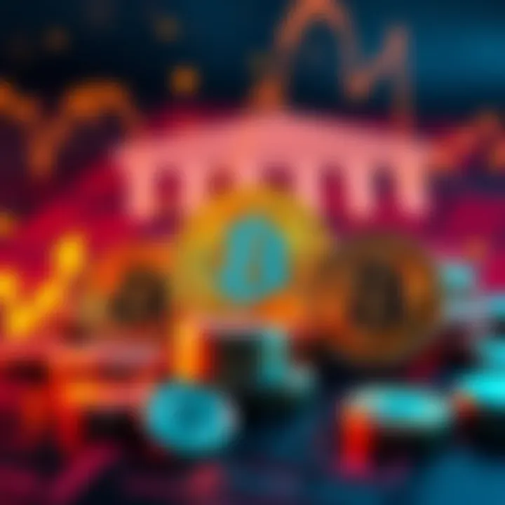 Banking Strategy and Bitcoin Illustration of Bitcoin coins and banking symbols representing the relationship between banking strategies and cryptocurrency investments.