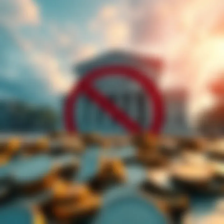 A visual representation of a bank building with a red stop sign overlay, symbolizing the push against stablecoin yields, and piles of digital currency coins in the foreground.