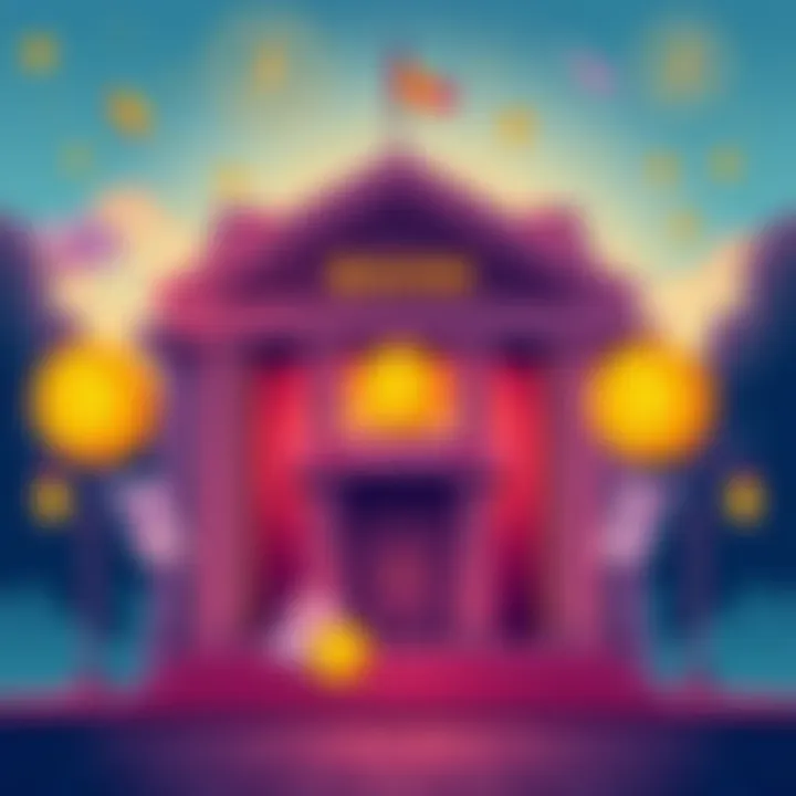 Illustration of a bank building with Bitcoin symbols and SMSF paperwork