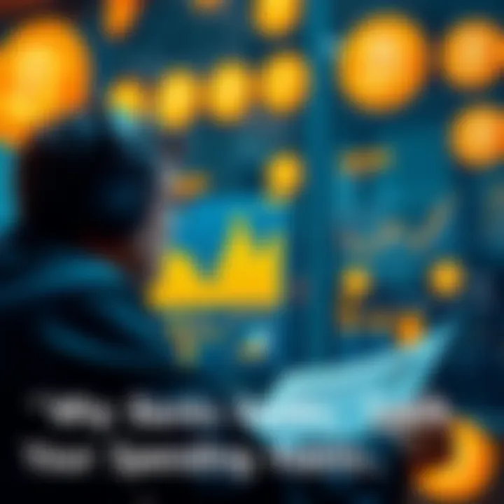 A bank employee reviewing charts and graphs of customer spending habits with Bitcoin symbols in the background.