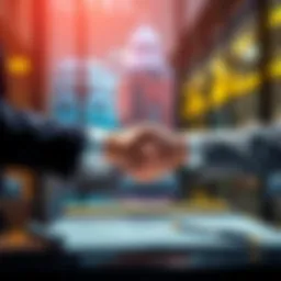 Bank and cryptocurrency firm representatives shake hands over a contract, signifying the CLARITY Act yield deal.