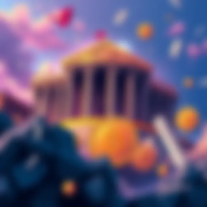 An illustration showing traditional banks like BlackRock and Citadel looming over cryptocurrency symbols, representing their influence on the crypto market.