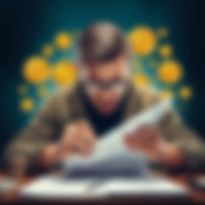 Banks and Crypto Issues A person struggles with banking paperwork and cryptocurrency symbols, representing the challenges of withdrawing crypto profits to banks.
