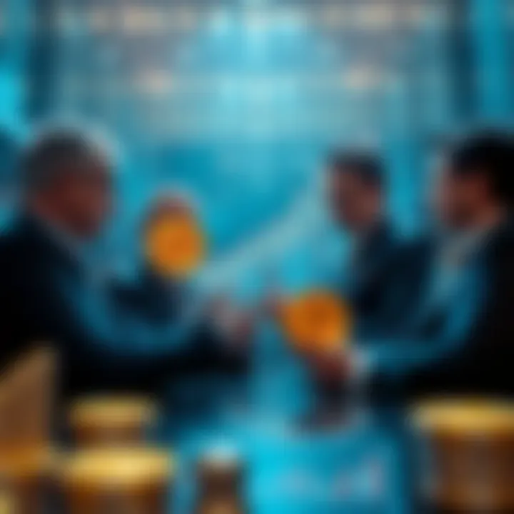 Banks Embracing Bitcoin A group of bankers discussing Bitcoin with charts and graphs showing growth, symbolizing the shift in their attitude towards cryptocurrency.