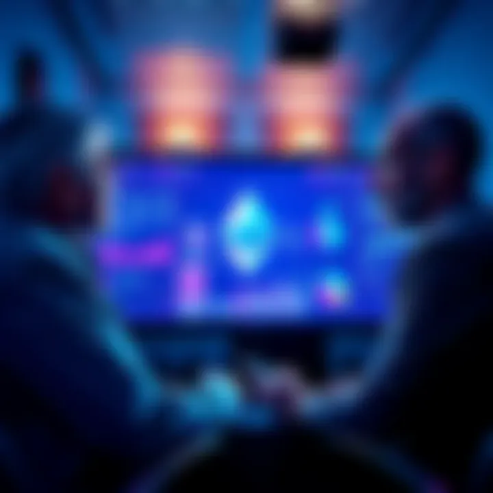 A group of financial experts discussing Ethereum with charts and graphs on a screen, showing interest in the cryptocurrency's future.