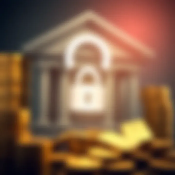 Banks Restricting Metal and Crypto Purchases A bank sign with a lock symbol overlay, representing restrictions on purchasing metals and cryptocurrencies, with stacks of coins and gold bars in the background.