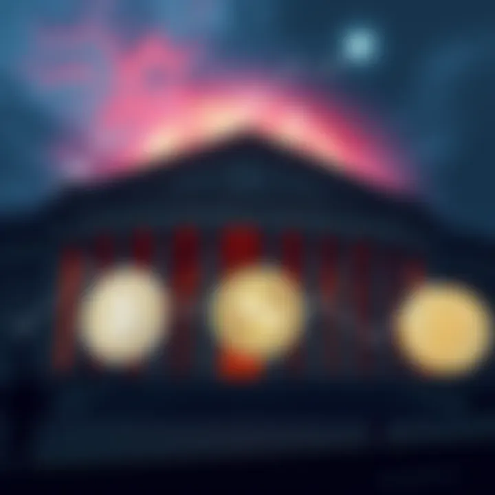 A bank building with a digital representation of stablecoins overlaying it, symbolizing the competition between traditional banks and digital currencies.