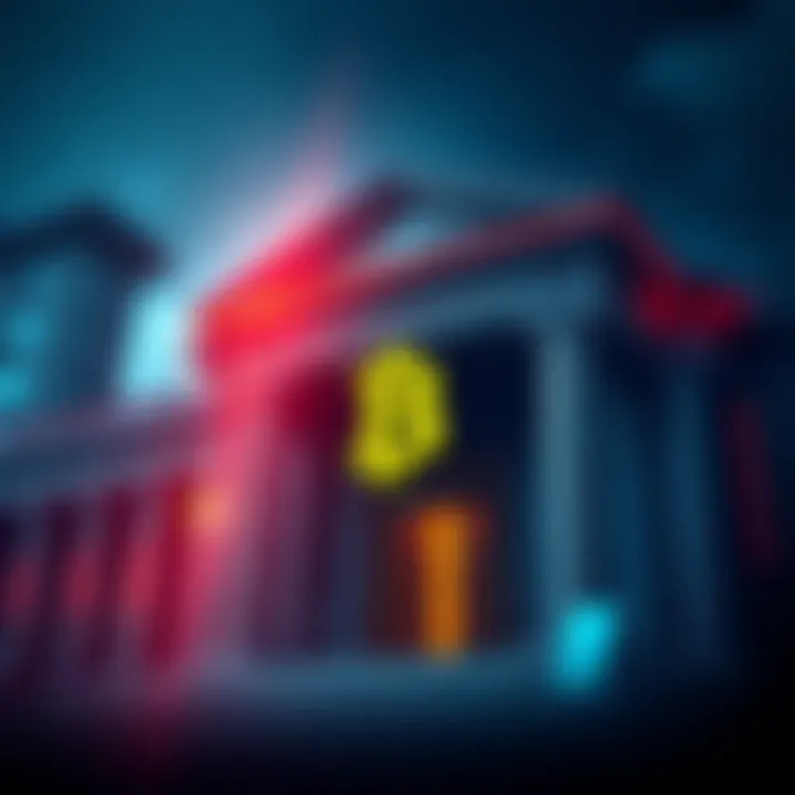 A visual comparison of a bank building and a Bitcoin symbol, illustrating the contrast between traditional banking and digital currency.