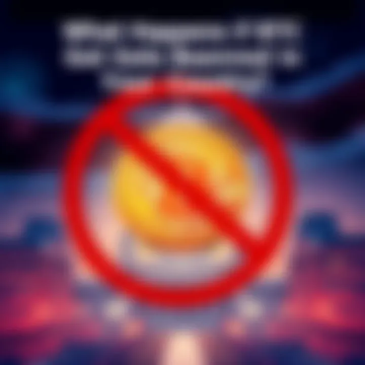 Illustration of a Bitcoin symbol crossed out with government buildings in the background, representing the banning of cryptocurrency.