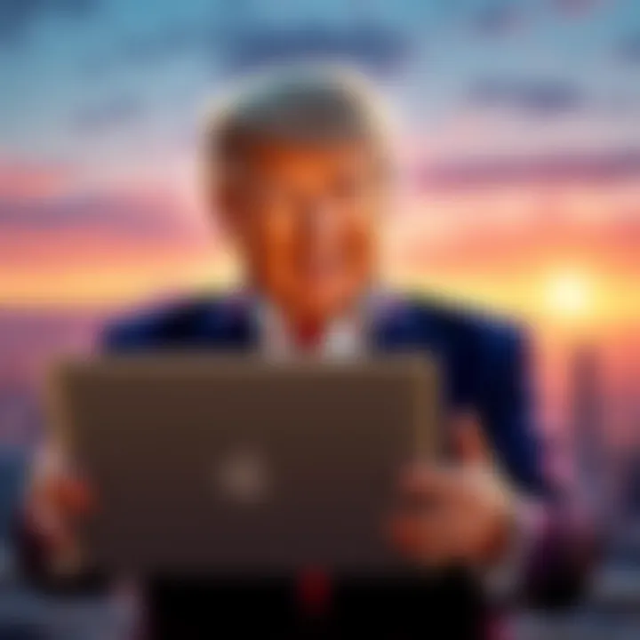 Barron Trump celebrating his $80 million success in cryptocurrency, holding a laptop and a stack of virtual coins