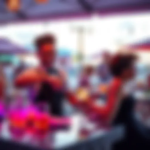 A bartender serving colorful cocktails at a lively beach café event with guests enjoying drinks