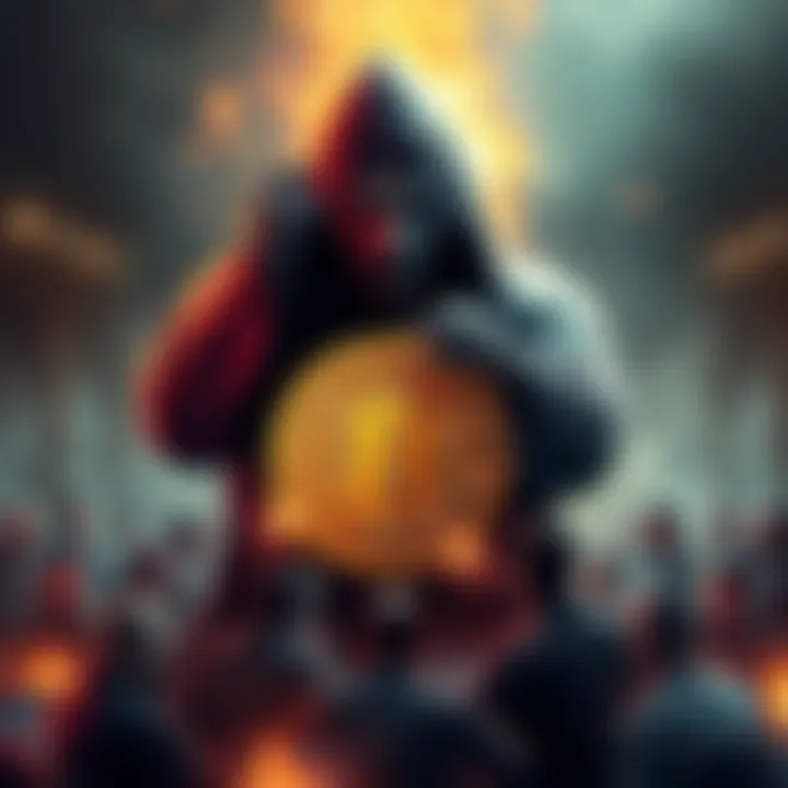 A graphic showing a digital coin representing Bitcoin clashing with a shadowy figure symbolizing Faketoshi, surrounded by angry community members debating crypto on forums.